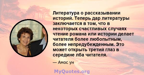 Литература о рассказывании историй. Теперь дар литературы заключается в том, что в некоторых счастливых случаях чтение романа или истории делает читателя более любопытным, более непредубежденным. Это может открыть