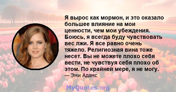 Я вырос как мормон, и это оказало большее влияние на мои ценности, чем мои убеждения. Боюсь, я всегда буду чувствовать вес лжи. Я все равно очень тяжело. Религиозная вина тоже несет. Вы не можете плохо себя вести, не