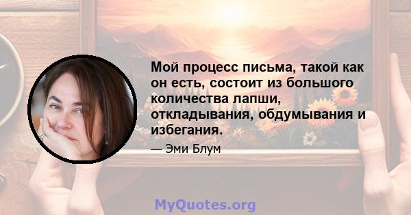 Мой процесс письма, такой как он есть, состоит из большого количества лапши, откладывания, обдумывания и избегания.