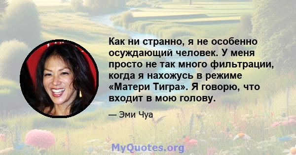 Как ни странно, я не особенно осуждающий человек. У меня просто не так много фильтрации, когда я нахожусь в режиме «Матери Тигра». Я говорю, что входит в мою голову.