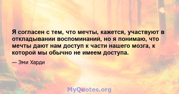 Я согласен с тем, что мечты, кажется, участвуют в откладывании воспоминаний, но я понимаю, что мечты дают нам доступ к части нашего мозга, к которой мы обычно не имеем доступа.