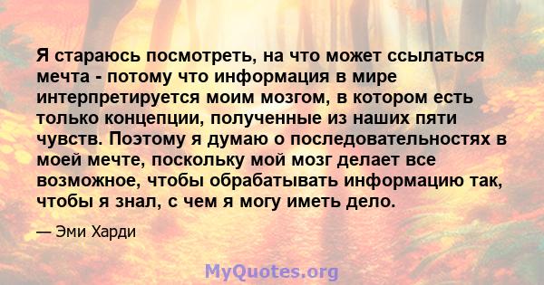 Я стараюсь посмотреть, на что может ссылаться мечта - потому что информация в мире интерпретируется моим мозгом, в котором есть только концепции, полученные из наших пяти чувств. Поэтому я думаю о последовательностях в