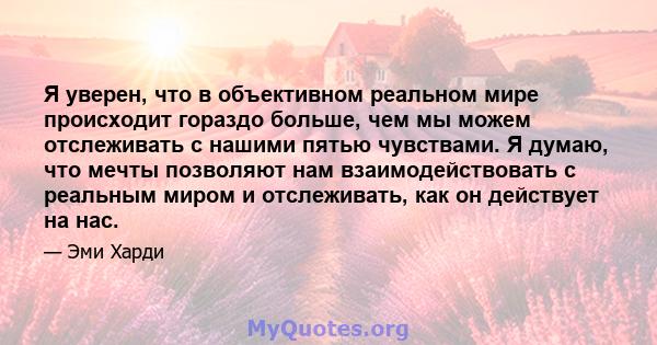 Я уверен, что в объективном реальном мире происходит гораздо больше, чем мы можем отслеживать с нашими пятью чувствами. Я думаю, что мечты позволяют нам взаимодействовать с реальным миром и отслеживать, как он действует 