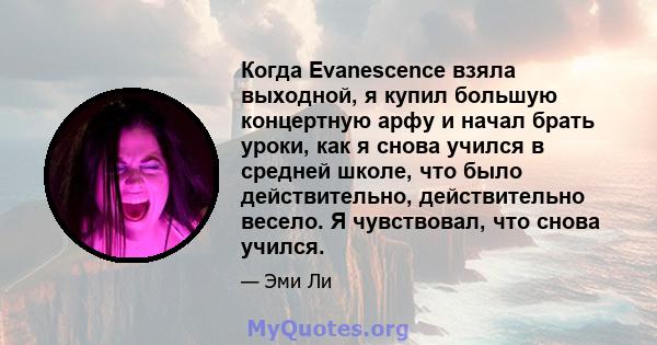 Когда Evanescence взяла выходной, я купил большую концертную арфу и начал брать уроки, как я снова учился в средней школе, что было действительно, действительно весело. Я чувствовал, что снова учился.