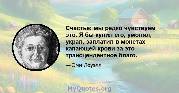 Счастье: мы редко чувствуем это. Я бы купил его, умолял, украл, заплатил в монетах капающей крови за это трансцендентное благо.