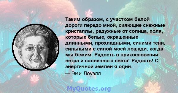 Таким образом, с участком белой дороги передо мной, сияющие снежные кристаллы, радужные от солнца, поля, которые белые, окрашенные длинными, прохладными, синими тени, сильными с силой моей лошади, когда мы бежим.