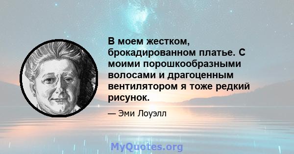 В моем жестком, брокадированном платье. С моими порошкообразными волосами и драгоценным вентилятором я тоже редкий рисунок.