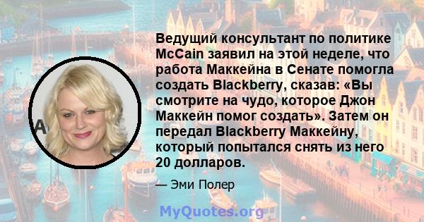 Ведущий консультант по политике McCain заявил на этой неделе, что работа Маккейна в Сенате помогла создать Blackberry, сказав: «Вы смотрите на чудо, которое Джон Маккейн помог создать». Затем он передал Blackberry