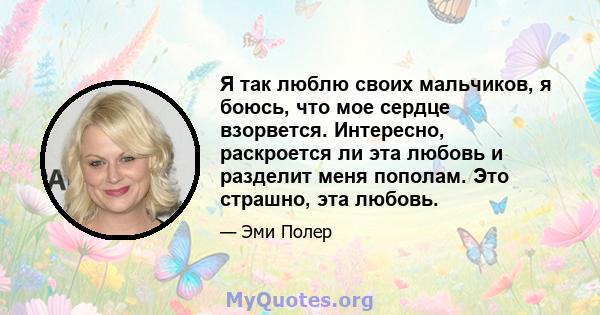 Я так люблю своих мальчиков, я боюсь, что мое сердце взорвется. Интересно, раскроется ли эта любовь и разделит меня пополам. Это страшно, эта любовь.