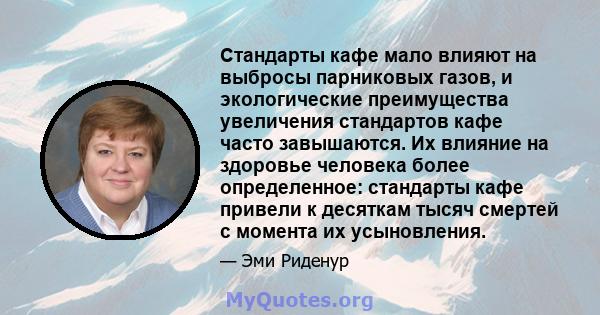 Стандарты кафе мало влияют на выбросы парниковых газов, и экологические преимущества увеличения стандартов кафе часто завышаются. Их влияние на здоровье человека более определенное: стандарты кафе привели к десяткам