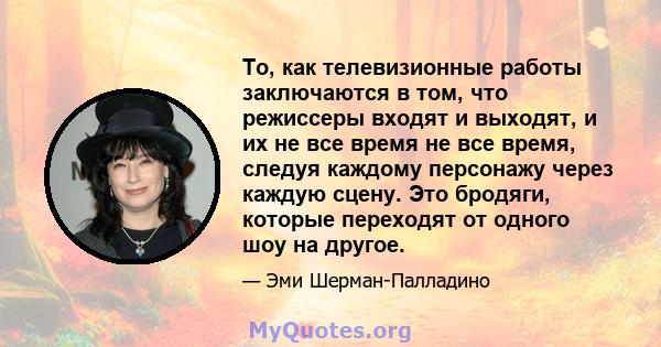 То, как телевизионные работы заключаются в том, что режиссеры входят и выходят, и их не все время не все время, следуя каждому персонажу через каждую сцену. Это бродяги, которые переходят от одного шоу на другое.