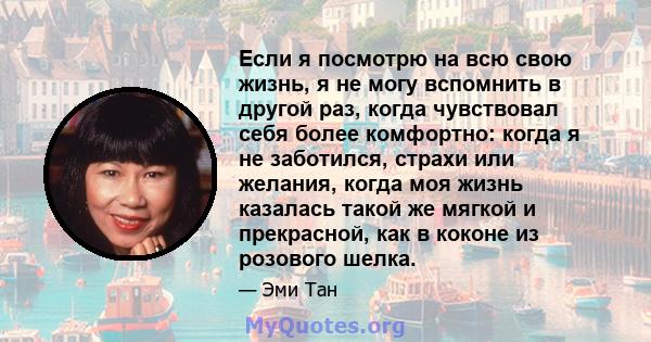 Если я посмотрю на всю свою жизнь, я не могу вспомнить в другой раз, когда чувствовал себя более комфортно: когда я не заботился, страхи или желания, когда моя жизнь казалась такой же мягкой и прекрасной, как в коконе