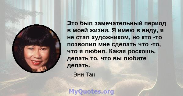 Это был замечательный период в моей жизни. Я имею в виду, я не стал художником, но кто -то позволил мне сделать что -то, что я любил. Какая роскошь, делать то, что вы любите делать.