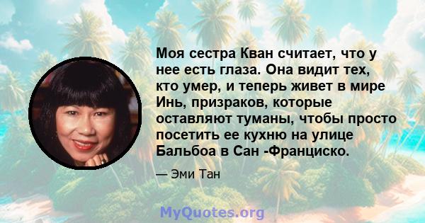 Моя сестра Кван считает, что у нее есть глаза. Она видит тех, кто умер, и теперь живет в мире Инь, призраков, которые оставляют туманы, чтобы просто посетить ее кухню на улице Бальбоа в Сан -Франциско.