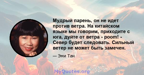 Мудрый парень, он не идет против ветра. На китайском языке мы говорим, приходите с юга, дуйте от ветра - poom! - Север будет следовать. Сильный ветер не может быть замечен.