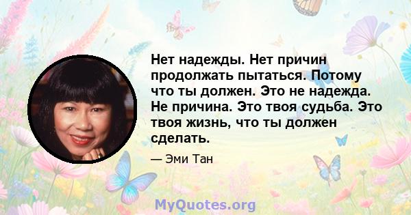 Нет надежды. Нет причин продолжать пытаться. Потому что ты должен. Это не надежда. Не причина. Это твоя судьба. Это твоя жизнь, что ты должен сделать.