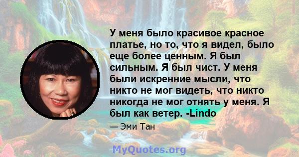 У меня было красивое красное платье, но то, что я видел, было еще более ценным. Я был сильным. Я был чист. У меня были искренние мысли, что никто не мог видеть, что никто никогда не мог отнять у меня. Я был как ветер.