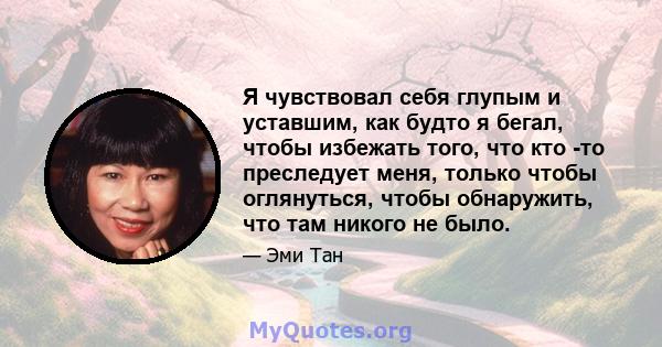 Я чувствовал себя глупым и уставшим, как будто я бегал, чтобы избежать того, что кто -то преследует меня, только чтобы оглянуться, чтобы обнаружить, что там никого не было.