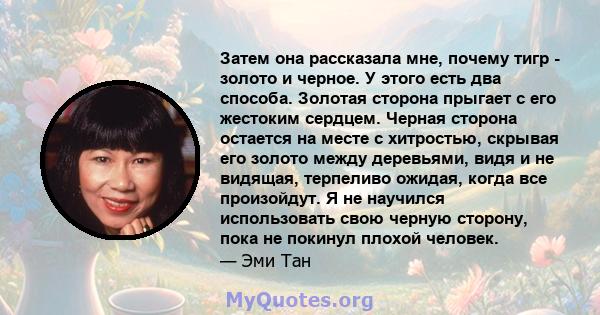 Затем она рассказала мне, почему тигр - золото и черное. У этого есть два способа. Золотая сторона прыгает с его жестоким сердцем. Черная сторона остается на месте с хитростью, скрывая его золото между деревьями, видя и 