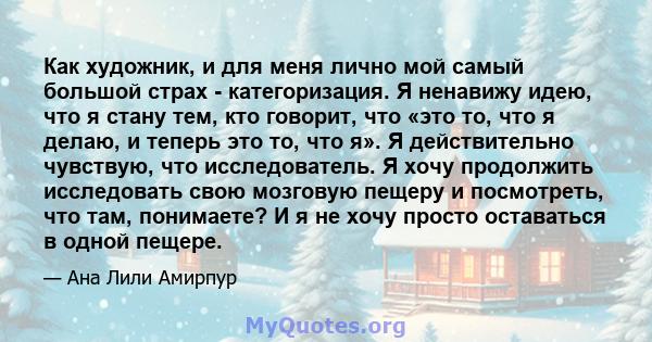 Как художник, и для меня лично мой самый большой страх - категоризация. Я ненавижу идею, что я стану тем, кто говорит, что «это то, что я делаю, и теперь это то, что я». Я действительно чувствую, что исследователь. Я