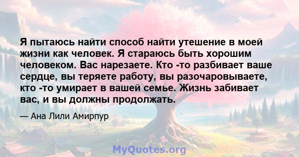 Я пытаюсь найти способ найти утешение в моей жизни как человек. Я стараюсь быть хорошим человеком. Вас нарезаете. Кто -то разбивает ваше сердце, вы теряете работу, вы разочаровываете, кто -то умирает в вашей семье.