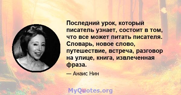 Последний урок, который писатель узнает, состоит в том, что все может питать писателя. Словарь, новое слово, путешествие, встреча, разговор на улице, книга, извлеченная фраза.