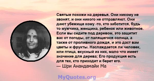 Святые похожи на деревья. Они никому не звонят, и они никого не отправляют. Они дают убежище кому -то, кто заботится, будь то мужчина, женщина, ребенок или животное. Если вы сидите под деревом, это защитит вас от