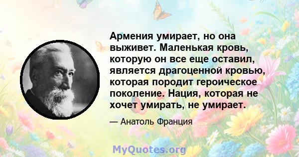 Армения умирает, но она выживет. Маленькая кровь, которую он все еще оставил, является драгоценной кровью, которая породит героическое поколение. Нация, которая не хочет умирать, не умирает.