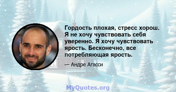 Гордость плохая, стресс хорош. Я не хочу чувствовать себя уверенно. Я хочу чувствовать ярость. Бесконечно, все потребляющая ярость.