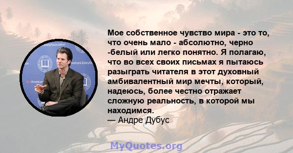 Мое собственное чувство мира - это то, что очень мало - абсолютно, черно -белый или легко понятно. Я полагаю, что во всех своих письмах я пытаюсь разыграть читателя в этот духовный амбивалентный мир мечты, который,