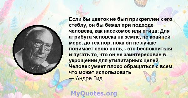 Если бы цветок не был прикреплен к его стеблу, он бы бежал при подходе человека, как насекомое или птица; Для атрибута человека на земле, по крайней мере, до тех пор, пока он не лучше понимает свою роль, - это