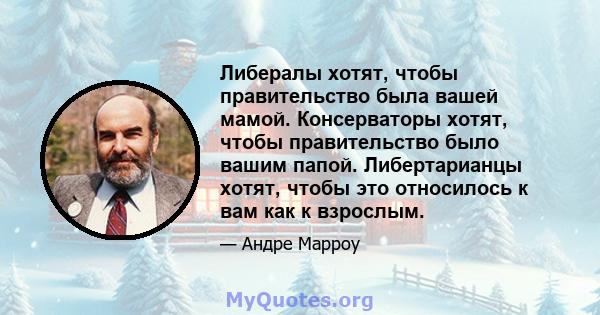 Либералы хотят, чтобы правительство была вашей мамой. Консерваторы хотят, чтобы правительство было вашим папой. Либертарианцы хотят, чтобы это относилось к вам как к взрослым.