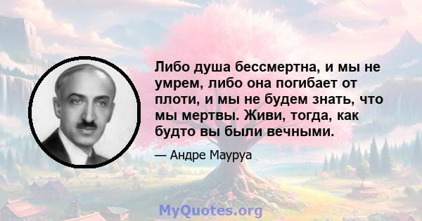 Либо душа бессмертна, и мы не умрем, либо она погибает от плоти, и мы не будем знать, что мы мертвы. Живи, тогда, как будто вы были вечными.