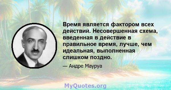 Время является фактором всех действий. Несовершенная схема, введенная в действие в правильное время, лучше, чем идеальная, выполненная слишком поздно.