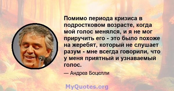 Помимо периода кризиса в подростковом возрасте, когда мой голос менялся, и я не мог приручить его - это было похоже на жеребят, который не слушает разум - мне всегда говорили, что у меня приятный и узнаваемый голос.