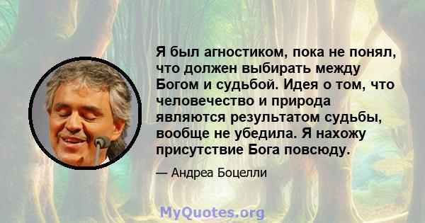 Я был агностиком, пока не понял, что должен выбирать между Богом и судьбой. Идея о том, что человечество и природа являются результатом судьбы, вообще не убедила. Я нахожу присутствие Бога повсюду.