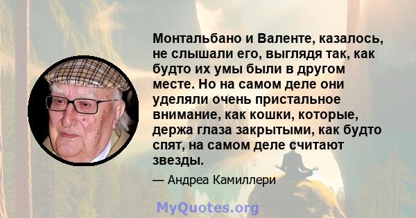 Монтальбано и Валенте, казалось, не слышали его, выглядя так, как будто их умы были в другом месте. Но на самом деле они уделяли очень пристальное внимание, как кошки, которые, держа глаза закрытыми, как будто спят, на