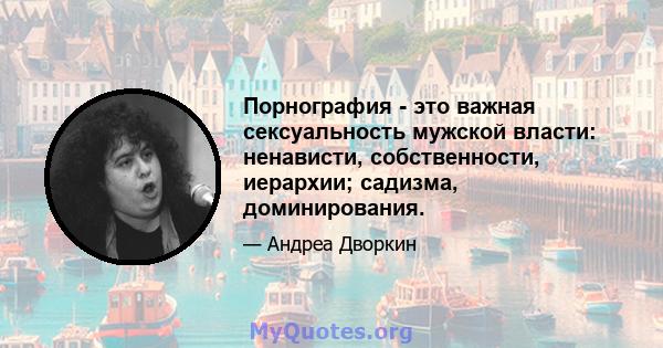 Порнография - это важная сексуальность мужской власти: ненависти, собственности, иерархии; садизма, доминирования.