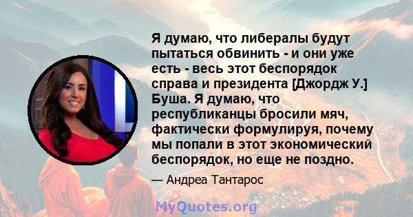 Я думаю, что либералы будут пытаться обвинить - и они уже есть - весь этот беспорядок справа и президента [Джордж У.] Буша. Я думаю, что республиканцы бросили мяч, фактически формулируя, почему мы попали в этот