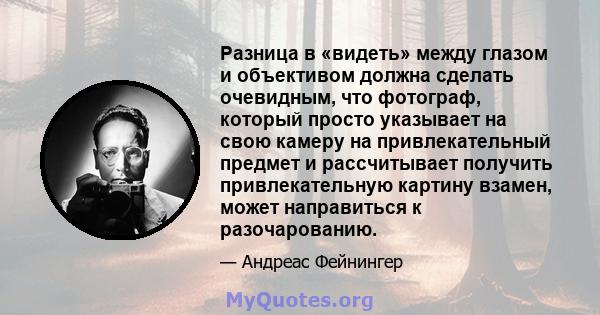 Разница в «видеть» между глазом и объективом должна сделать очевидным, что фотограф, который просто указывает на свою камеру на привлекательный предмет и рассчитывает получить привлекательную картину взамен, может