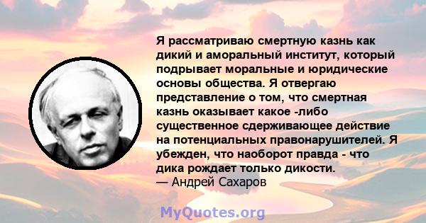 Я рассматриваю смертную казнь как дикий и аморальный институт, который подрывает моральные и юридические основы общества. Я отвергаю представление о том, что смертная казнь оказывает какое -либо существенное