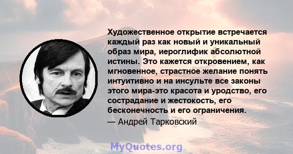 Художественное открытие встречается каждый раз как новый и уникальный образ мира, иероглифик абсолютной истины. Это кажется откровением, как мгновенное, страстное желание понять интуитивно и на инсульте все законы этого 