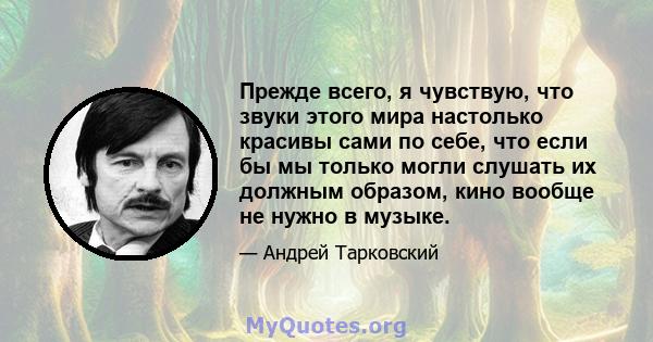 Прежде всего, я чувствую, что звуки этого мира настолько красивы сами по себе, что если бы мы только могли слушать их должным образом, кино вообще не нужно в музыке.