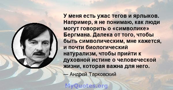 У меня есть ужас тегов и ярлыков. Например, я не понимаю, как люди могут говорить о «символике» Бергмана. Далека от того, чтобы быть символическим, мне кажется, и почти биологический натурализм, чтобы прийти к духовной