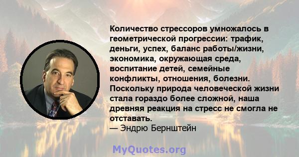 Количество стрессоров умножалось в геометрической прогрессии: трафик, деньги, успех, баланс работы/жизни, экономика, окружающая среда, воспитание детей, семейные конфликты, отношения, болезни. Поскольку природа