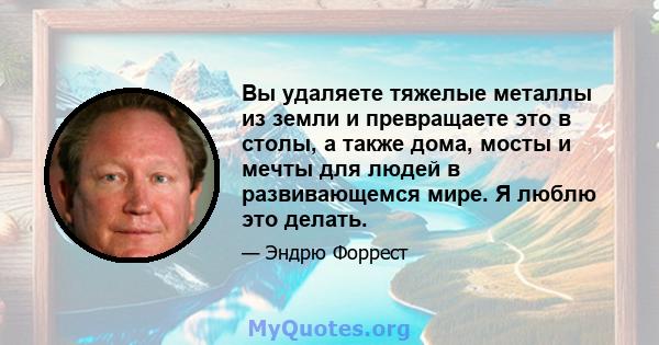 Вы удаляете тяжелые металлы из земли и превращаете это в столы, а также дома, мосты и мечты для людей в развивающемся мире. Я люблю это делать.