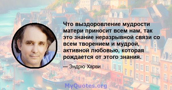 Что выздоровление мудрости матери приносит всем нам, так это знание неразрывной связи со всем творением и мудрой, активной любовью, которая рождается от этого знания.