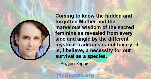 Coming to know the hidden and forgotten Mother and the marvelous wisdom of the sacred feminine as revealed from every side and angle by the different mystical traditions is not luxury; it is, I believe, a necessity for