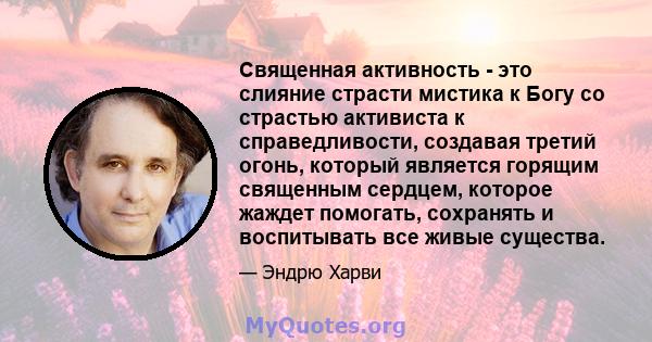 Священная активность - это слияние страсти мистика к Богу со страстью активиста к справедливости, создавая третий огонь, который является горящим священным сердцем, которое жаждет помогать, сохранять и воспитывать все