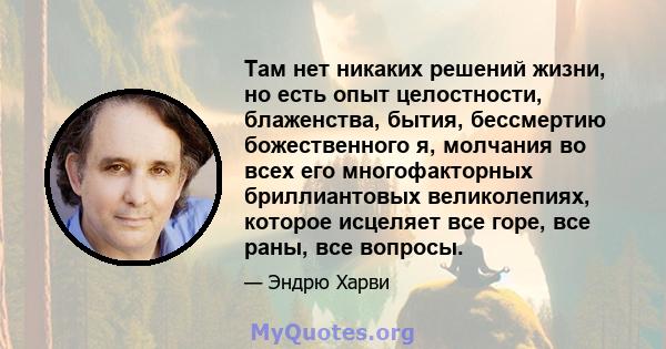 Там нет никаких решений жизни, но есть опыт целостности, блаженства, бытия, бессмертию божественного я, молчания во всех его многофакторных бриллиантовых великолепиях, которое исцеляет все горе, все раны, все вопросы.